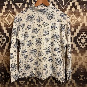 Vintage Bobbie Brooks White & Blue Floral Mock / Turtle Neck Shirt Size Medium